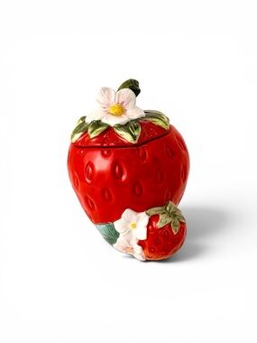 Ceramic Strawberry Trinket Jar Sugar Pot with Floral Accents